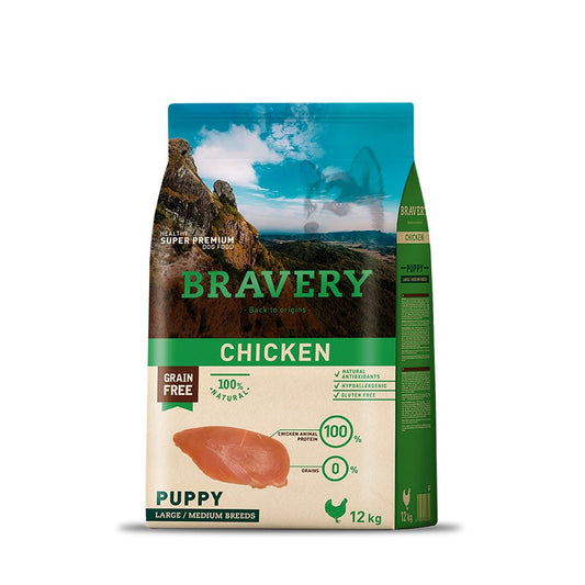 Bravery Puppy Pollo 12 kg alimento para cachorros de razas medianas y grandes.